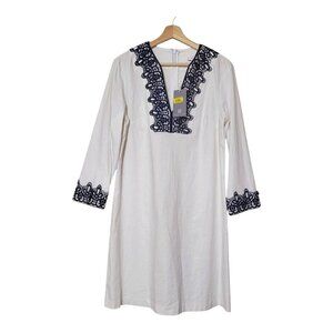 Preston & York Linen Blend Tabitha Embroidery Dress White/Navy Tunic S 6 New